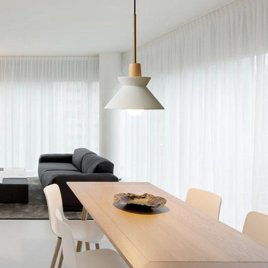 Aeyee Wood Pendant Light, Industrial Hanging Lamp with Cement Shade, 1 Light Simple Bedside Chandelier in White