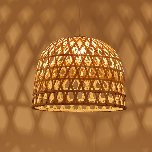 Bamboo Pendant Light Fixture - Aeyee 1 Light Dome Woven Hanging Light with Adjustable Cord for Kitchen Island Nursery in Cream