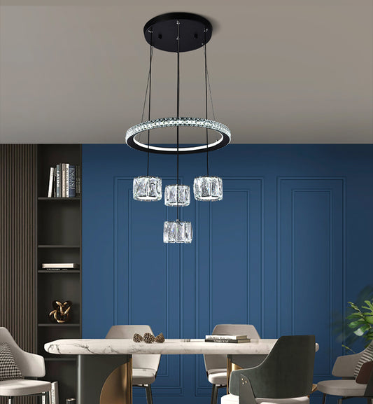 Aeyee Tiered Crystal Chandeliers, Modern Black Pendant Light Fixtures, 5 Lights Dimmable LED Hanging Light for Dining Room Living Room