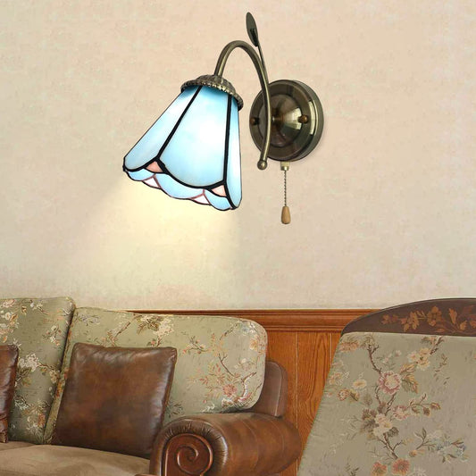 Aeyee Tiffany Style Wall Sconces, Antique Stained Glass Wall Lamp Fixture, Decorative Bedside Wall Sconce Lamp with Pull Chain Switch Blue Finish
