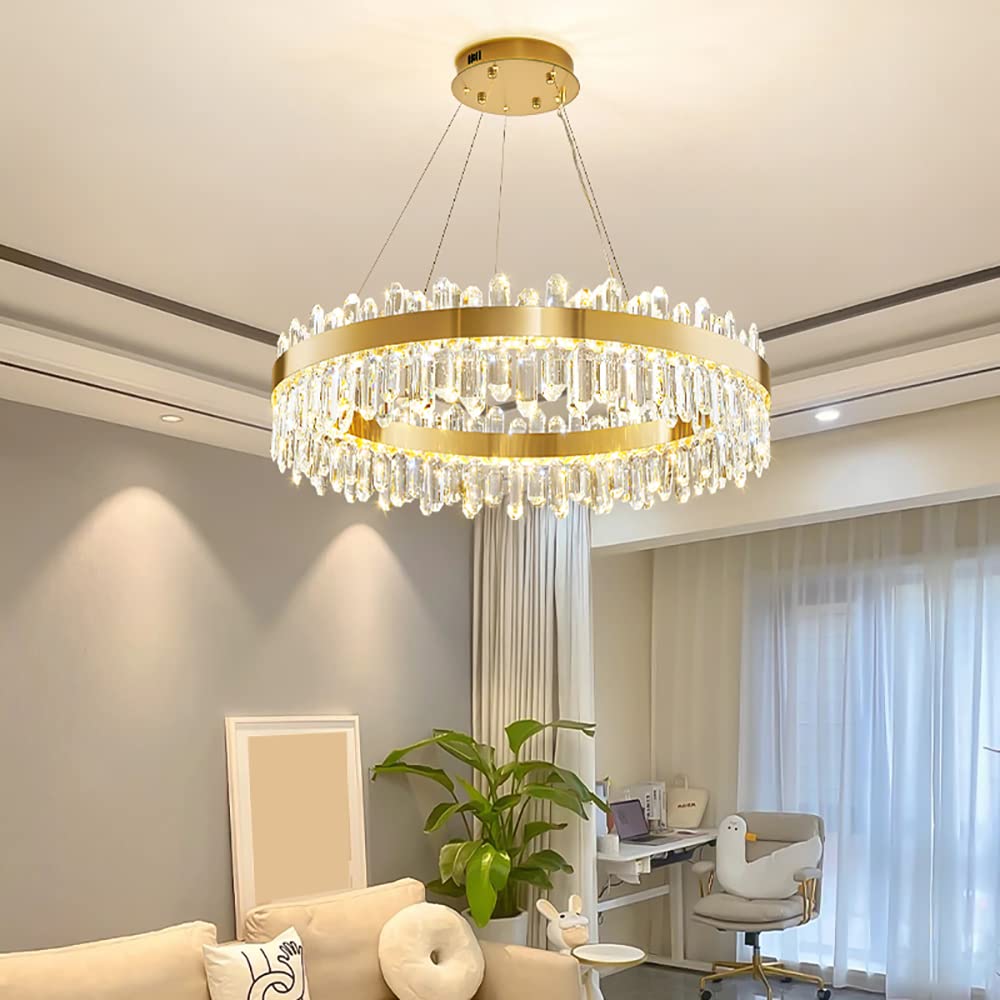 Aeyee Luxury Crystal Chandelier, Dimmable Pendant Light Fixture, Adjustable LED Hanging Light for Living Room Bedroom