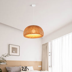 Aeyee Boho Style Bamboo Pendant Light Fixture 1 Light Dome Shape Woven Hanging Light Rattan Light Fixture for Kitchen, Living Room