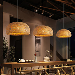 Aeyee Boho Style Bamboo Pendant Light Fixture 1 Light Dome Shape Woven Hanging Light Rattan Light Fixture for Kitchen, Living Room