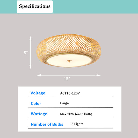 Bamboo Flush Mount Ceiling Light - Aeyee Handwoven Rattan Light Fixture, 3 Lights Boho Ceiling Lamp for Bedroom, Entryway, Foyer
