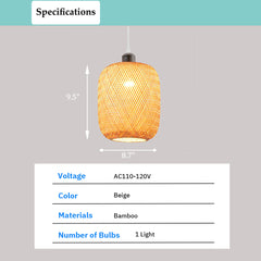 Rattan Pendant Light Fixture - Aeyee Handwoven Hanging Lamp 1 Light Cylinder Bamboo Pendant Lamp for Kitchen Living Room (8.6 x 9.8 inches)