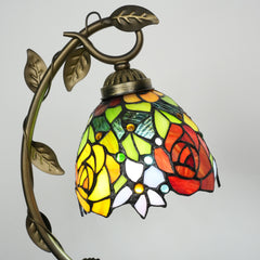 Aeyee Tiffany Style Table Lamp with Metal Leaf, Stained Glass Desk Lamp, Vintage Night Light, Art Deco Reading Light with Handmade Lampshade for Nightstand Living Room (Rose)