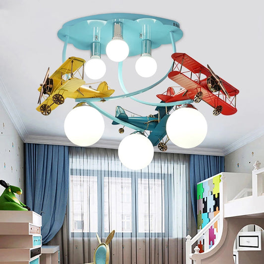Aeyee Blue Airplane Ceiling Light Fixtures, Modern Boy Bedroom Ceiling Lamp, Modern Glass Globe Flush Mount Ceiling Light for Kids Room Nursery