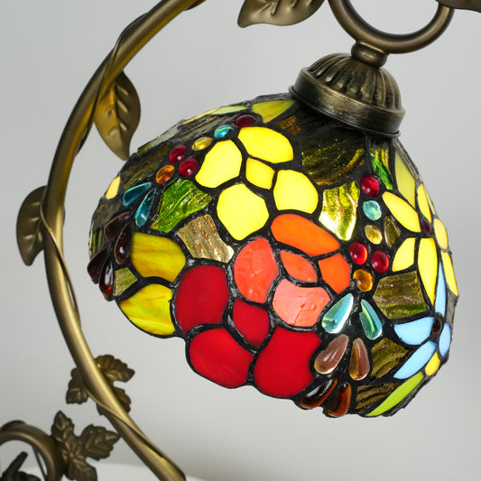 Aeyee Tiffany Style Table Lamp with Metal Leaf, Stained Glass Desk Lamp, Vintage Night Light, Art Deco Reading Light with Handmade Lampshade for Nightstand Living Room