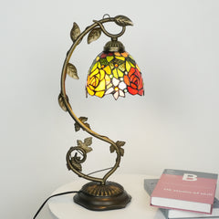 Aeyee Tiffany Style Table Lamp with Metal Leaf, Stained Glass Desk Lamp, Vintage Night Light, Art Deco Reading Light with Handmade Lampshade for Nightstand Living Room (Rose)