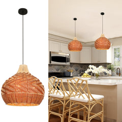 Rattan Pendant Light Fixtures, Boho Design Basket Weave Hanging Light with Brown Synthetic Rattan, Woven Rattan Chandelier