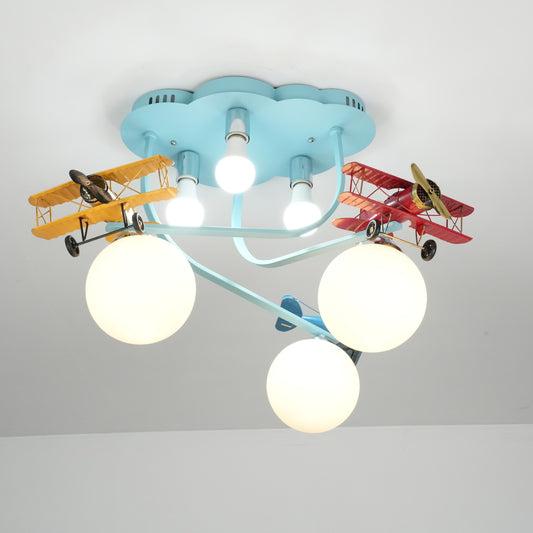 Aeyee Blue Airplane Ceiling Light Fixtures, Modern Boy Bedroom Ceiling Lamp, Modern Glass Globe Flush Mount Ceiling Light for Kids Room Nursery