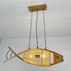 Rattan Pendant Light Fixture - Aeyee Fish Shaped Chandelier, 2 Lights Woven Ceiling Hanging Light with Adjustable Cord for Kitchen Island Nursery