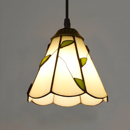 Aeyee Stained Glass Pendant Light, Green Leaves Hanging Light Fixture, Small Pendant Light Fixture for Kitchen Island Dining Room