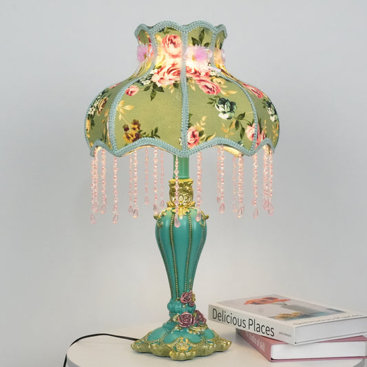 Aeyee Lovely Table Lamp with Fabric Lampshade, Antique Flower Decorative Bedside Desk Lamp, Handmade Night Light for Bedroom Nightstand (Green)