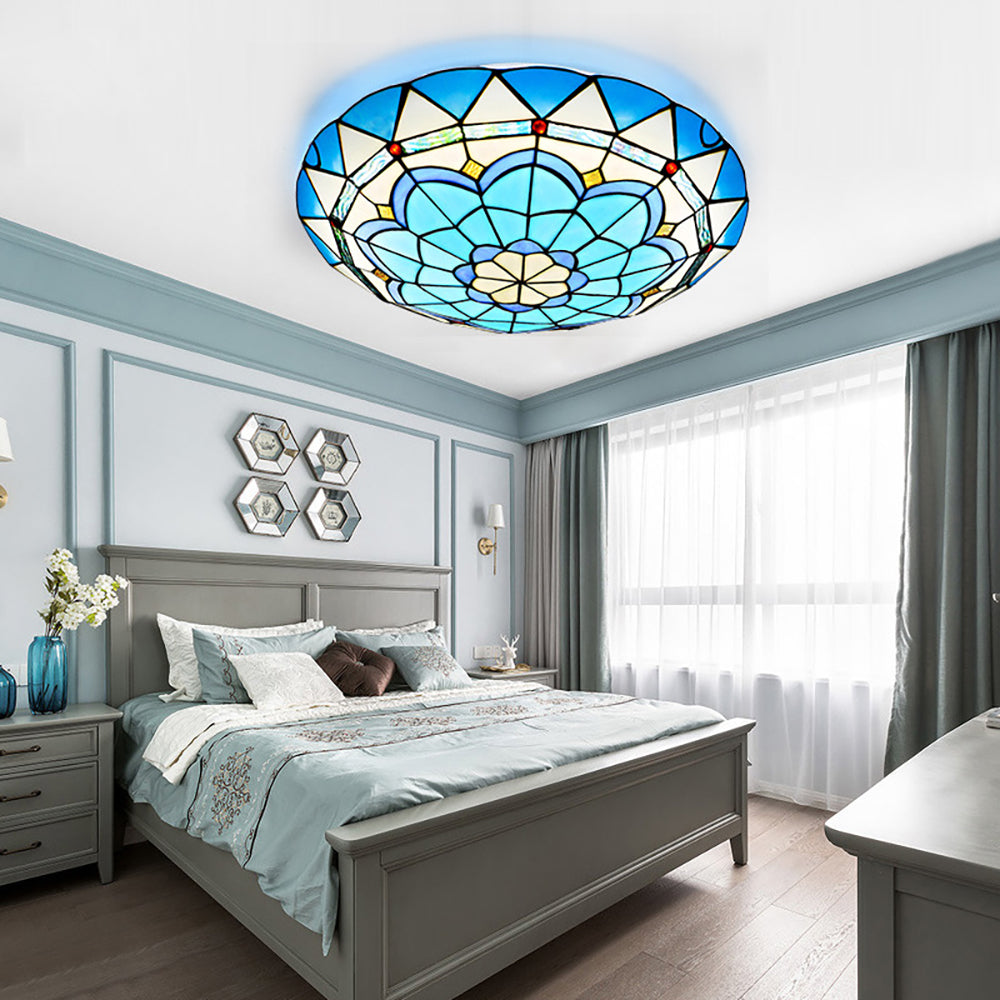 Aeyee Blue Tiffany Ceiling Light, Classy Stained Glass Flush Mount Ceiling Light, Round Ceiling Lamp