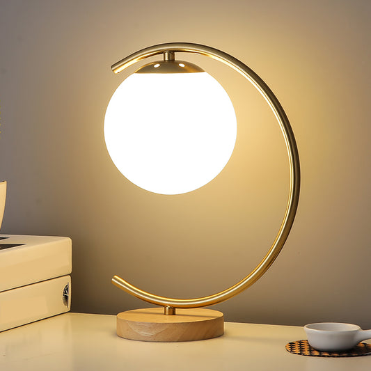 Aeyee Globe Bedside Lamp, Cute Glass Night Light with Wood Base, Mid Century Ball Table Lamp for Bedroom Nightstand