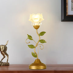 Aeyee Glass Table Lamp, Antique Flower Decorative Bedside Desk Lamp with Green Leaf, Small Retro Decorative Lamp for Bedroom Living Room Bronze Finish