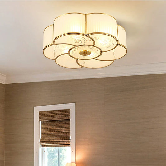 Aeyee Brass Flush Mount Ceiling Light, Vintage Frosted Glass Ceiling Lighting Fixture, 4 Lights Classic Ceiling Lamp
