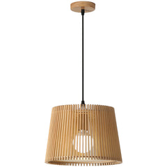 Aeyee Wood Pendant Light Fixture, 1 Light Rattan Pendant Lamp, Drum Shaped Woven Hanging Light for Kitchen Island Nursery