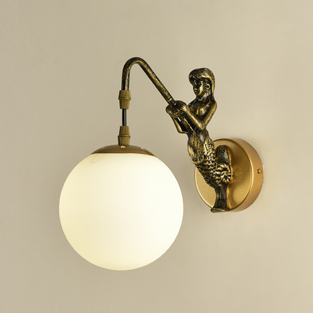 Aeyee Glass Globe Wall Sconce, Mermaid Shaped Wall Light, Glass Wall Lamp for Entrance, Bedroom, Hallway Antique Brass Finish