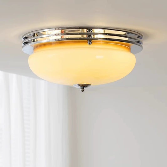 Aeyee Mid Century Glass Ceiling Light Fixtures, 15.7 inch Cream Colored Glass Ceiling lamp, Modern and Antique Round Semi Flush Mount Ceiling Light for Bedroom, Kitchen, Hallway