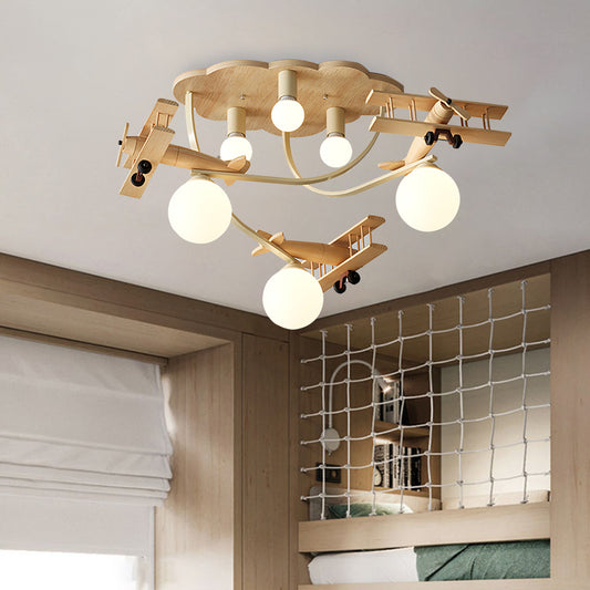 Aeyee Modern Airplane Flush Mount Ceiling Light, Glass Globe Chandelier, Wood Cartoon Boys Bedroom Ceiling Light Fixture