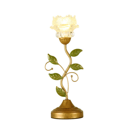 Aeyee Glass Table Lamp, Antique Flower Decorative Bedside Desk Lamp with Green Leaf, Small Retro Decorative Lamp for Bedroom Living Room Bronze Finish