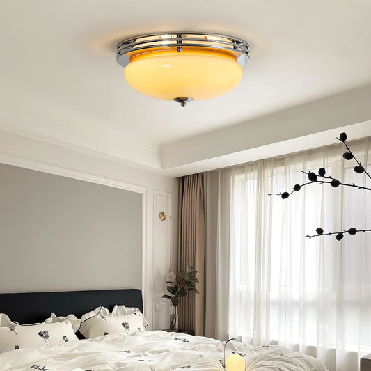 Aeyee Mid Century Glass Ceiling Light Fixtures, 15.7 inch Cream Colored Glass Ceiling lamp, Modern and Antique Round Semi Flush Mount Ceiling Light for Bedroom, Kitchen, Hallway
