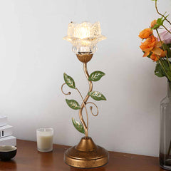 Aeyee Glass Table Lamp, Antique Flower Decorative Bedside Desk Lamp with Green Leaf, Small Retro Decorative Lamp for Bedroom Living Room Bronze Finish