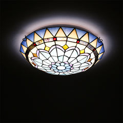 Aeyee Blue Tiffany Ceiling Light, Classy Stained Glass Flush Mount Ceiling Light, Round Ceiling Lamp