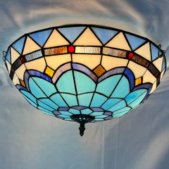 Tiffany Style Ceiling lamp -Aeyee Blue Stained Glass Flush Mount Ceiling Light Fixtures 15.7" Elegant Hanging Lamp for Entrance, Kitchen, Bedroom