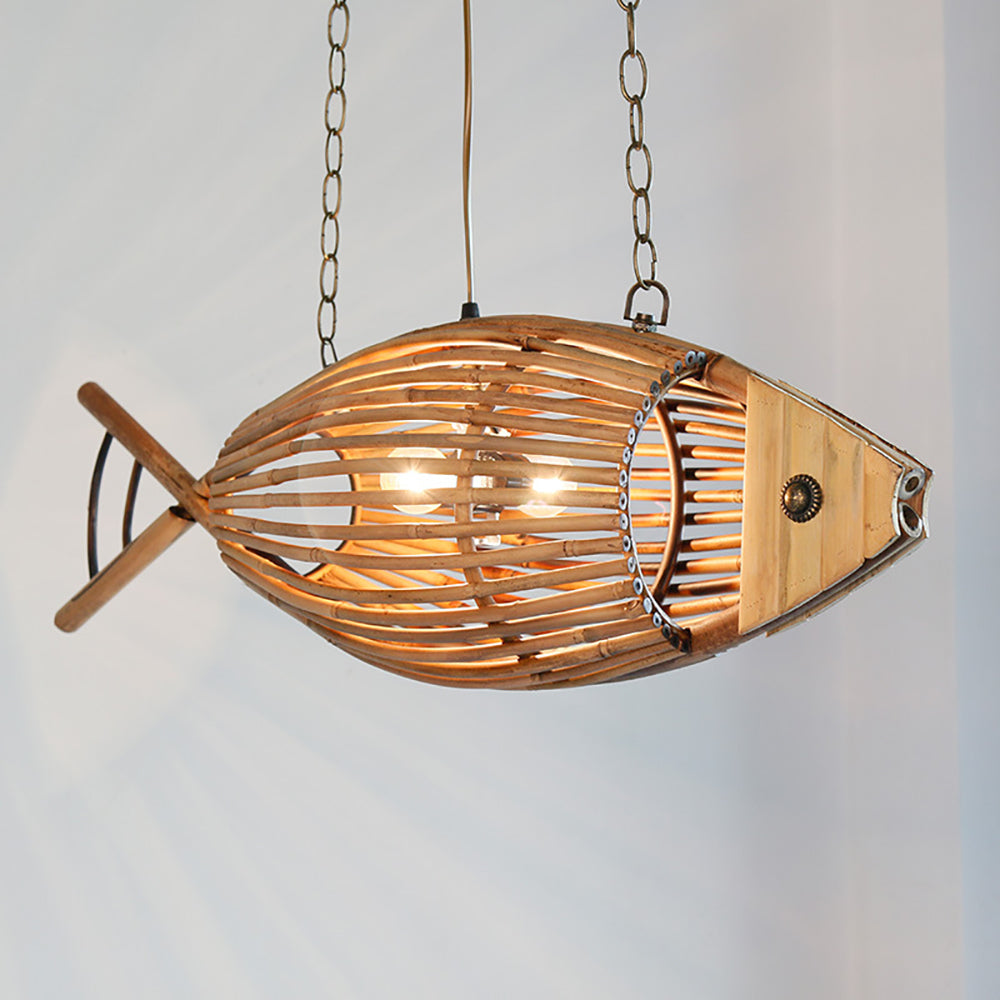 Rattan Pendant Light Fixture - Aeyee Fish Shaped Chandelier, 2 Lights Woven Ceiling Hanging Light with Adjustable Cord for Kitchen Island Nursery