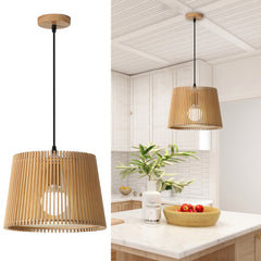 Aeyee Wood Pendant Light Fixture, 1 Light Rattan Pendant Lamp, Drum Shaped Woven Hanging Light for Kitchen Island Nursery