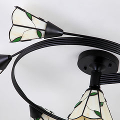 Aeyee Tiffany Ceiling Light, Classy Stained Glass Flush Mount Ceiling Light with Green / blue Leaves, Retro Ceiling Lamp for Living Room Bedroom