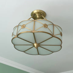 Aeyee Brass Semi-Flush Mount Ceiling Light with Flower Decoration, Elegant Glass Ceiling Light Fixture for Living Room Hall Bedroom