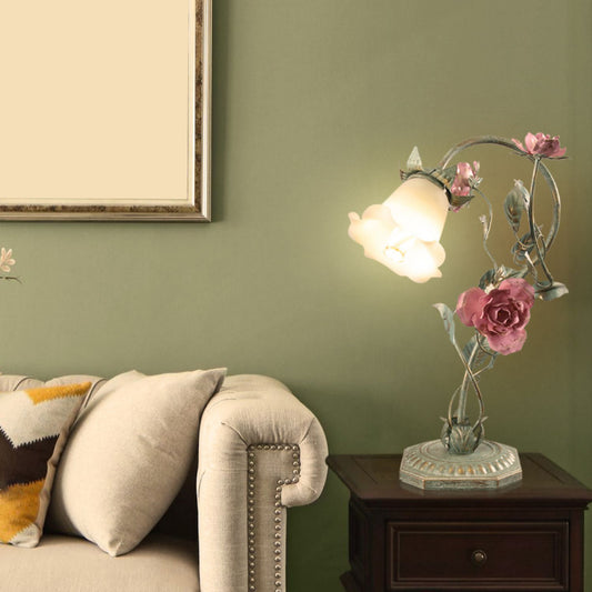 Aeyee Floral Table Lamp, Elegant Bedside Nightstand Lamps with Glass Shade, Girls Night Light for Small Desk Bedroom Living Room