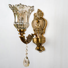 Aeyee Vintage Wall Sconce, Antique Brass Wall Light, Crystal Floral Bedside Wall Lamp for Entrance, Bedroom, Hallway