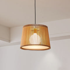 Aeyee Wood Pendant Light Fixture, 1 Light Rattan Pendant Lamp, Drum Shaped Woven Hanging Light for Kitchen Island Nursery