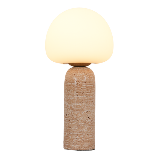 Aeyee Modern Marble Table Lamp with Frosted Glass Shade, Cute Glass Globe Night Light, Natural Yellow Travertine Desk Lamp for Bedroom Living Room (Beige)