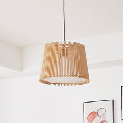 Aeyee Wood Pendant Light Fixture, 1 Light Rattan Pendant Lamp, Drum Shaped Woven Hanging Light for Kitchen Island Nursery