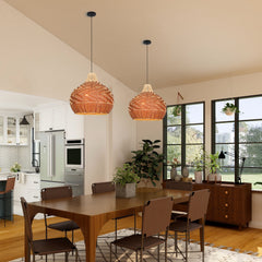 Rattan Pendant Light Fixtures, Boho Design Basket Weave Hanging Light with Brown Synthetic Rattan, Woven Rattan Chandelier