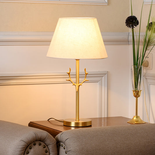 Aeyee Fabric Table Lamp Antler Desk Lamp Vintage Nightstand Night Light Tapered Drum Bedside Lamp for Bedroom Living Room
