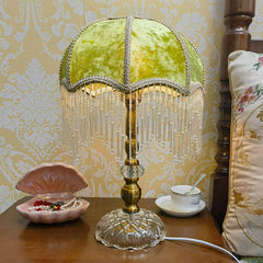 Aeyee Tassel Table Lamp with Green Velvet Shade, Antique Bedside Desk Lamp, Dome Shaped Decorative Lamp for Bedroom Home Office