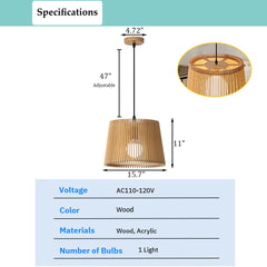 Aeyee Wood Pendant Light Fixture, 1 Light Rattan Pendant Lamp, Drum Shaped Woven Hanging Light for Kitchen Island Nursery