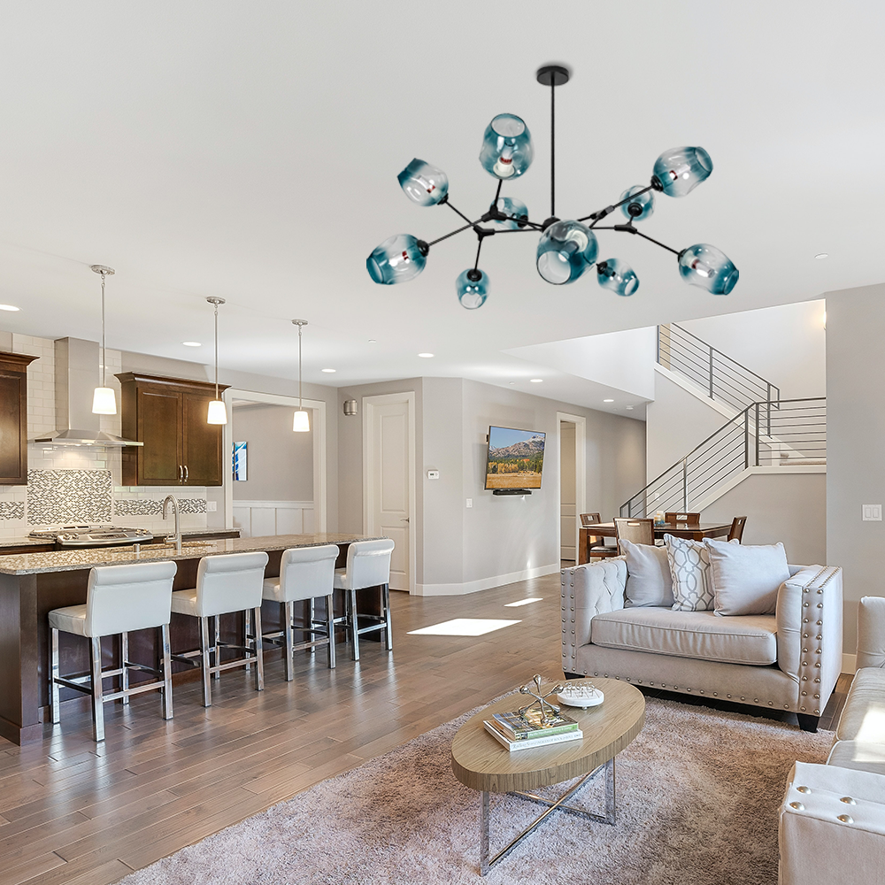 Aeyee Sputnik Glass Chandelier, Modern 10 Lights Pendant Light Fixture, Mid-Century Blue Glass Hanging Light for Dining Room Living Room