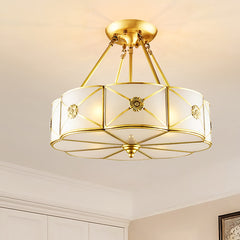 Aeyee Brass Semi-Flush Mount Ceiling Light with Flower Decoration, Elegant Glass Ceiling Light Fixture for Living Room Hall Bedroom