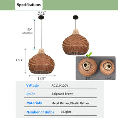 Rattan Pendant Light Fixtures, Boho Design Basket Weave Hanging Light with Brown Synthetic Rattan, Woven Rattan Chandelier