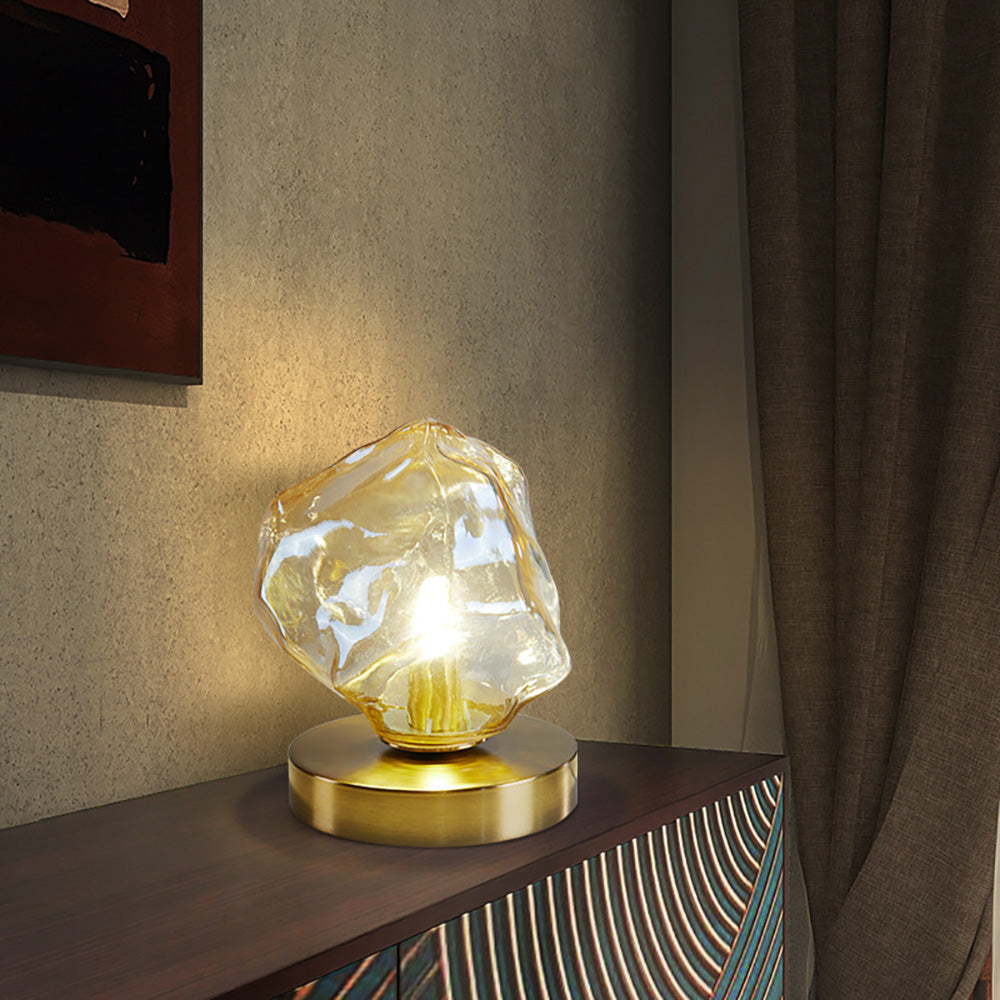 Aeyee Modern Glass Table Lamp Ice Cubes Shaped Bedside Nightstand Lamp Small Decorative Night Light for Bedroom Living Room Amber Finish