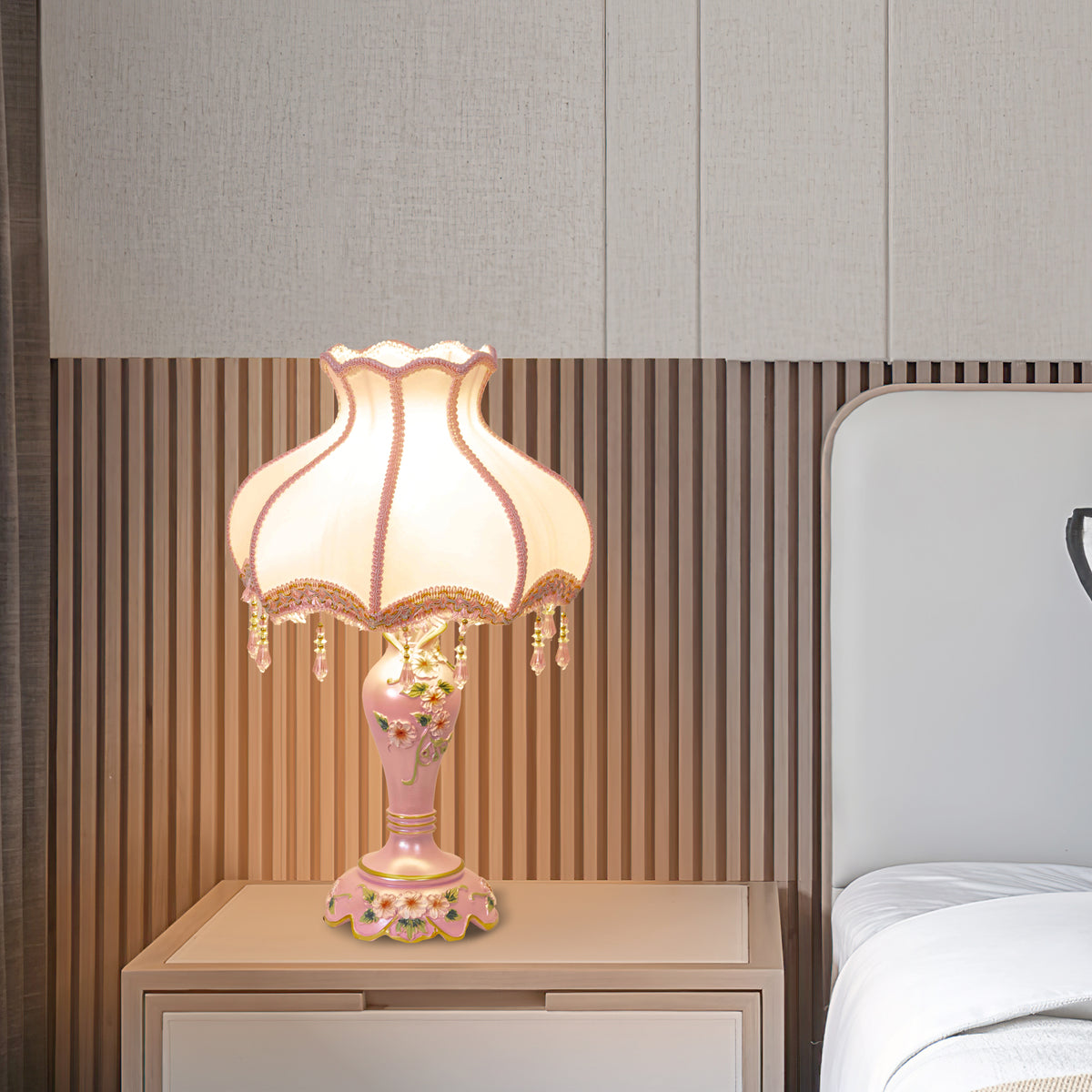 Aeyee Cute Table Lamp with Fabric Lampshade, Antique Flower Decorative Bedside Desk Nightstand Lamp, Handmade Night Light for Bedroom Living Room