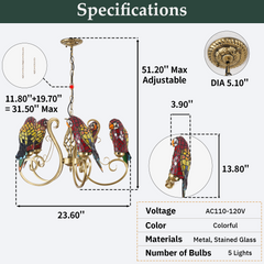 Aeyee Tiffany Style Chandelier Stained Glass Pendant Light Fixture Parrot Chandelier Vintage Glass Hanging Light for Dining Room Living Room Foyer